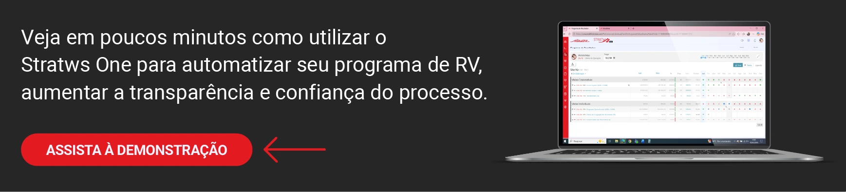 Banner com mockup e botão para demonstração gratuita do módulo de Remuneração Variável do Stratws One