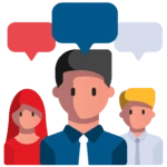 Ilustração de equipe conversando com balões de diálogo