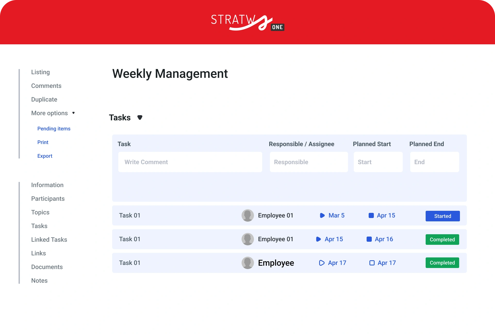Meeting tasks screen in Stratws One with owners and deadlines