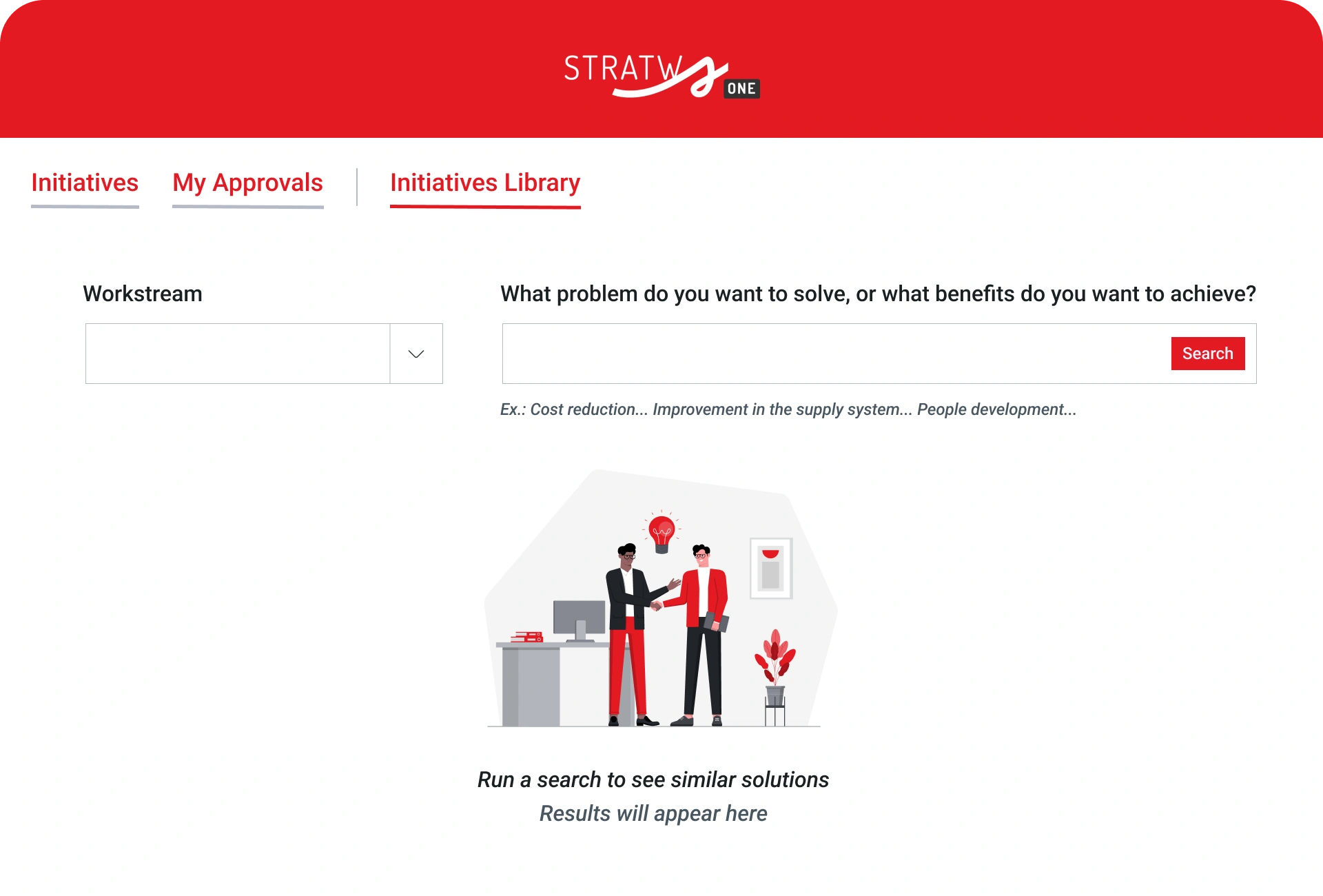 Stratws One initiatives library screen with a search field