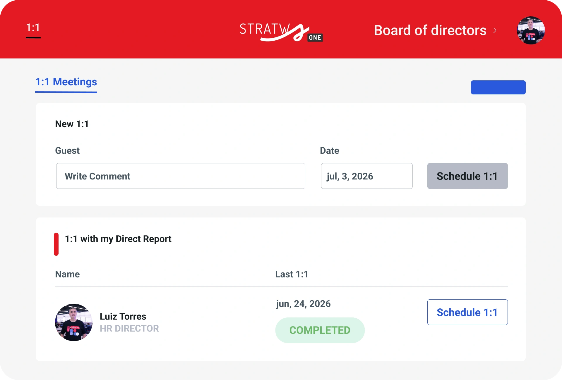 1:1 meetings screen in Stratws One with scheduling and history